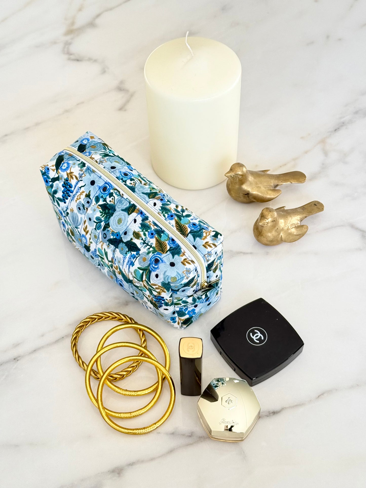 Trousse Maquillage Matelassée - Fleur Bleue