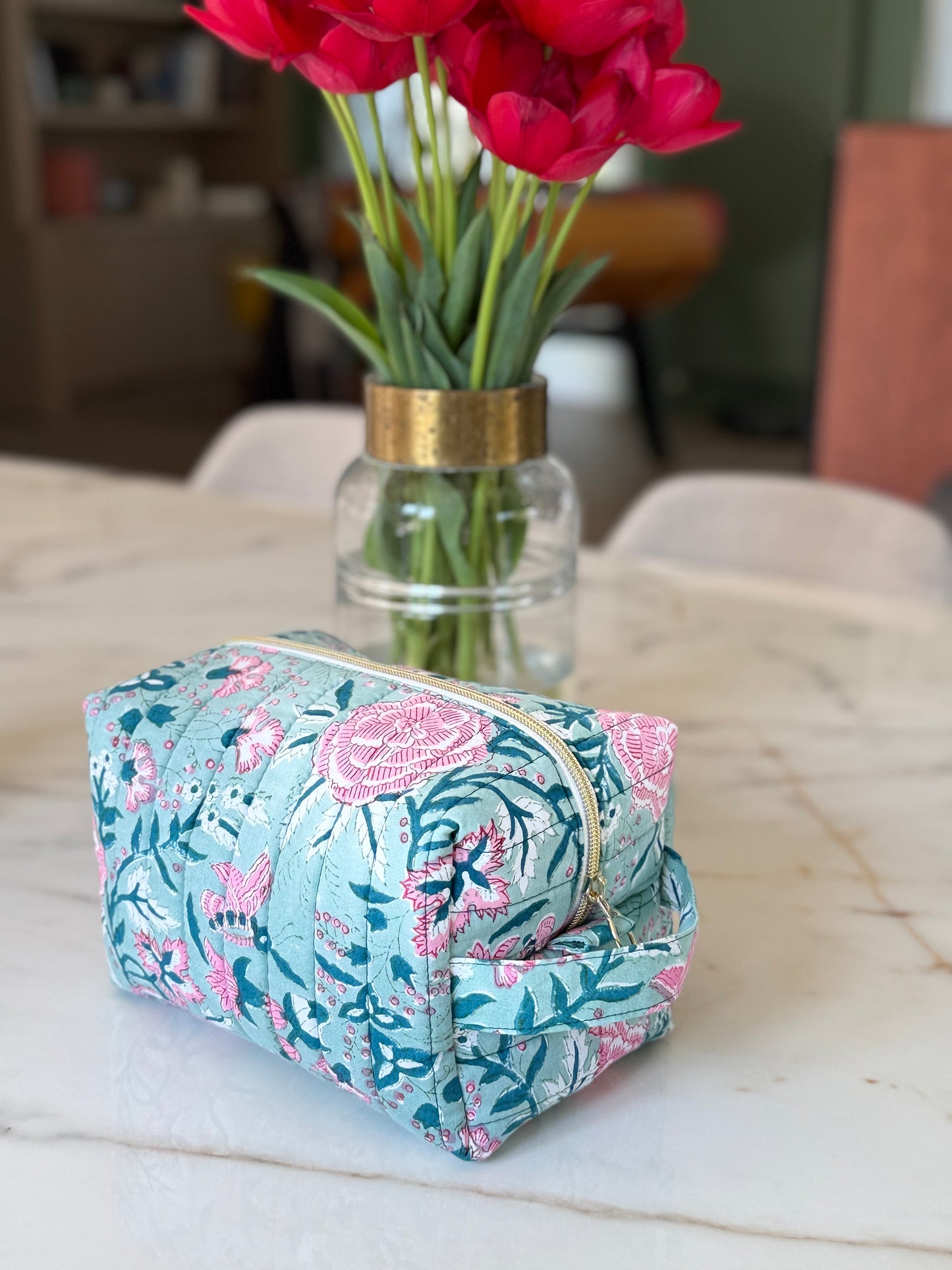 Trousse de toilette fleurie en coton blockprint – Fait main en France