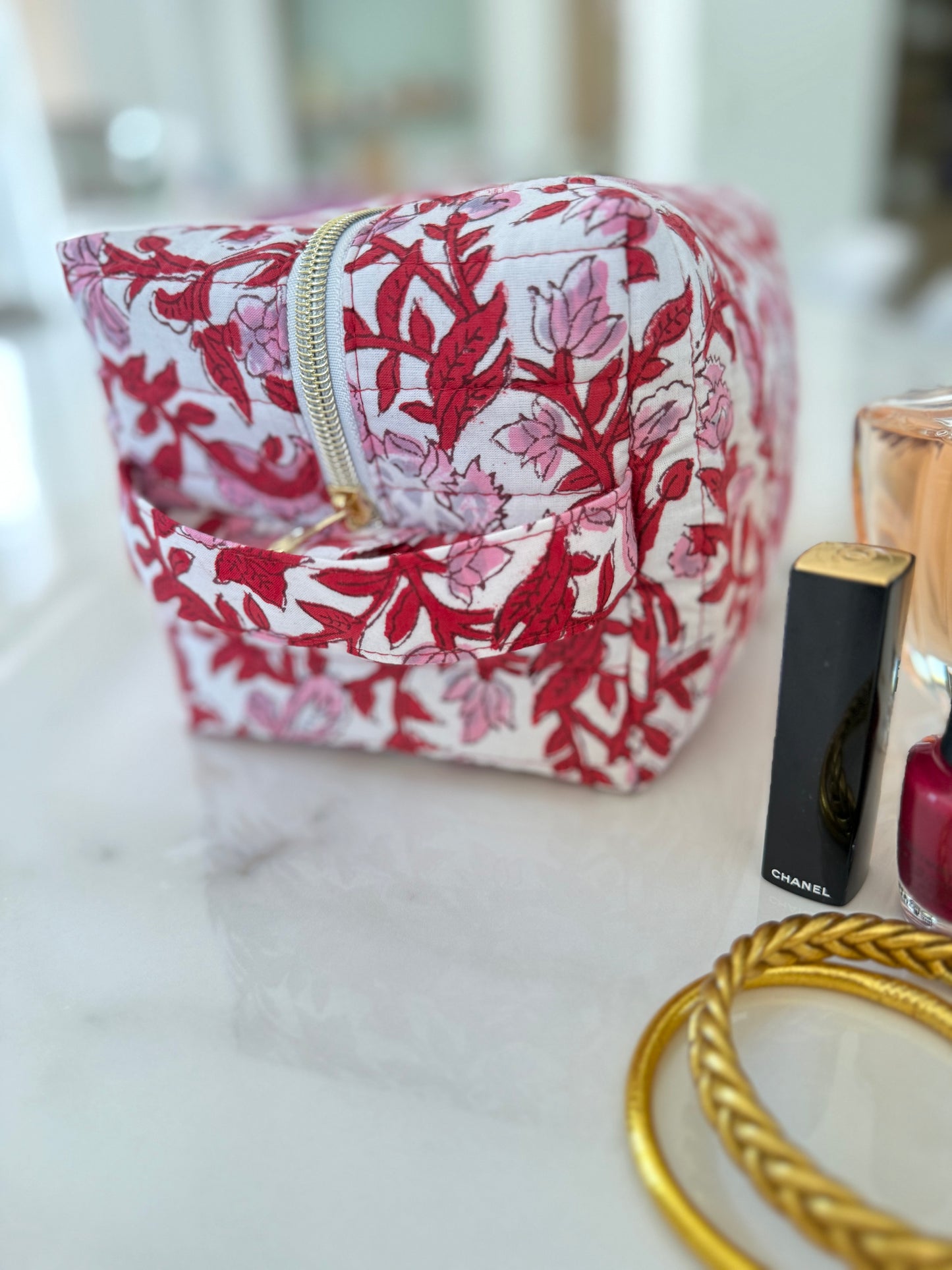 Trousse de toilette fleurie en coton blockprint – Fait main en France - Garance