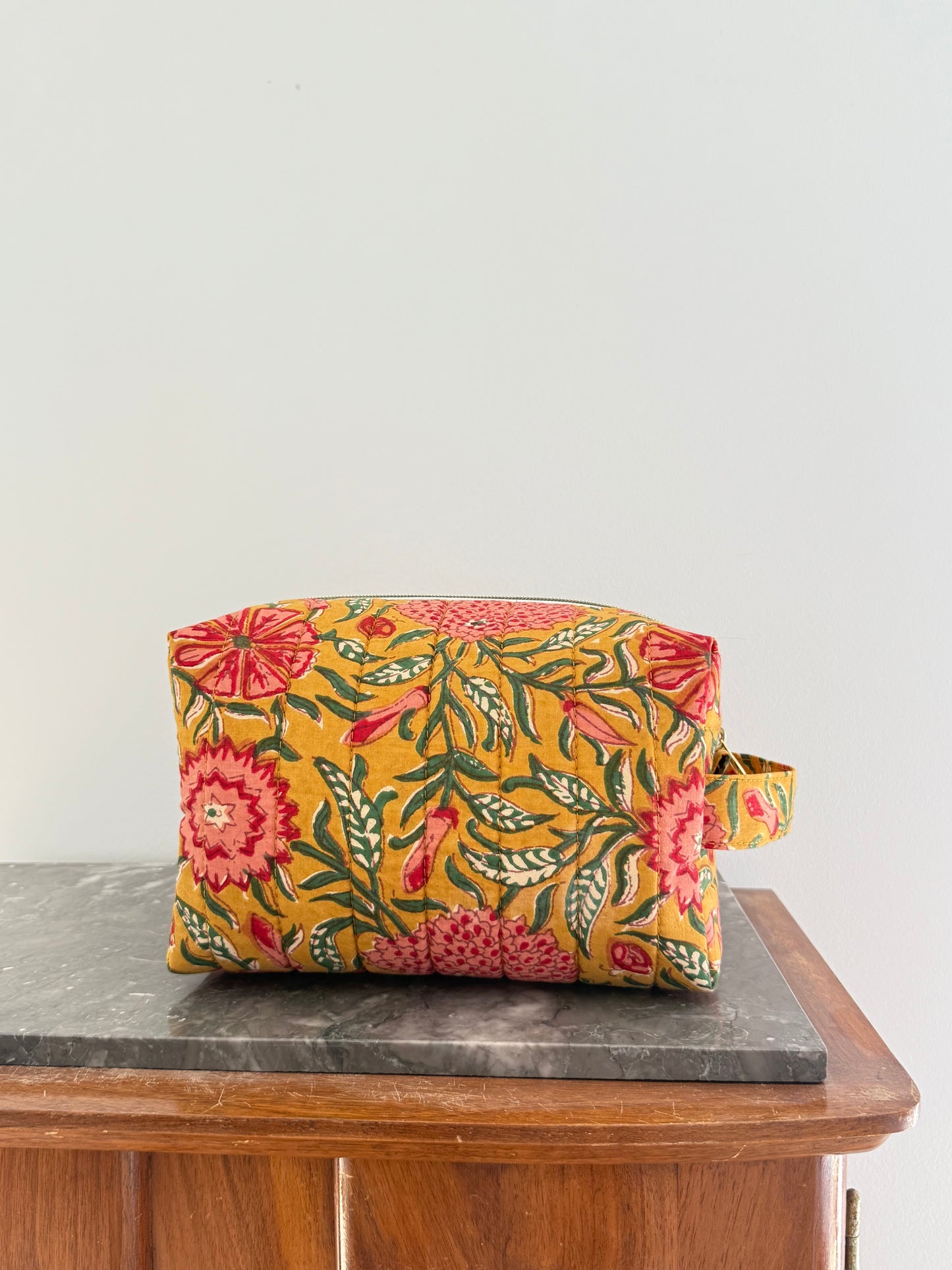 Trousse de toilette fleurie en coton blockprint – Sunset - Fait main en France