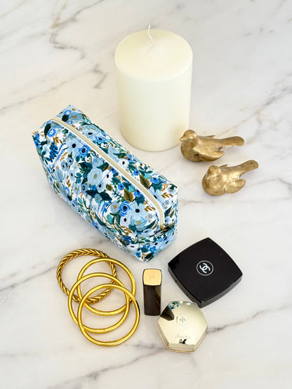 Trousse Maquillage Matelassée - Fleur Bleue