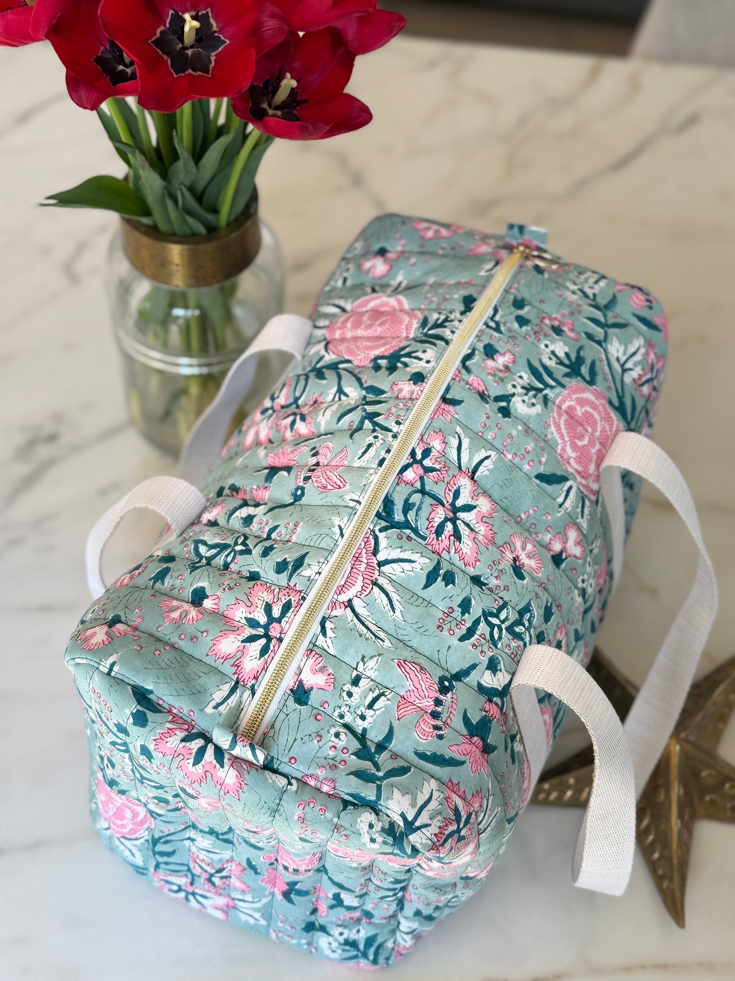 Grand sac week-end en tissu blockprint matelassé – Fait main, éthique & coloré
