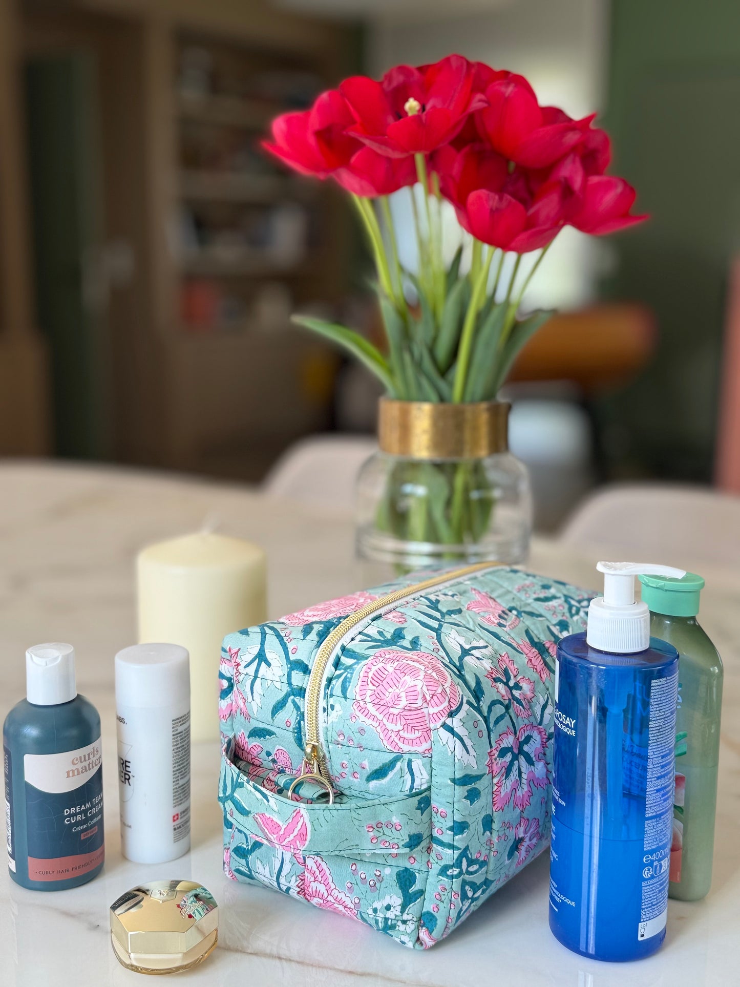 Trousse de toilette fleurie en coton blockprint – Fait main en France