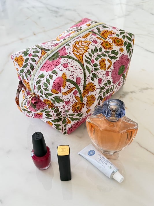Trousse de toilette fleurie en coton blockprint – Fait main en France - Adele