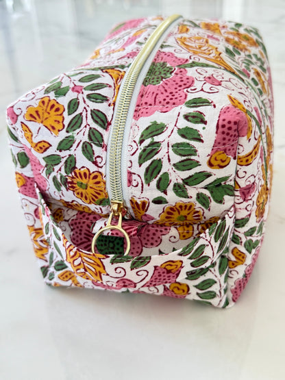 Trousse de toilette fleurie en coton blockprint – Fait main en France - Adele