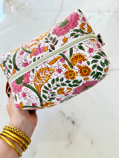 Trousse de toilette fleurie en coton blockprint – Fait main en France - Adele