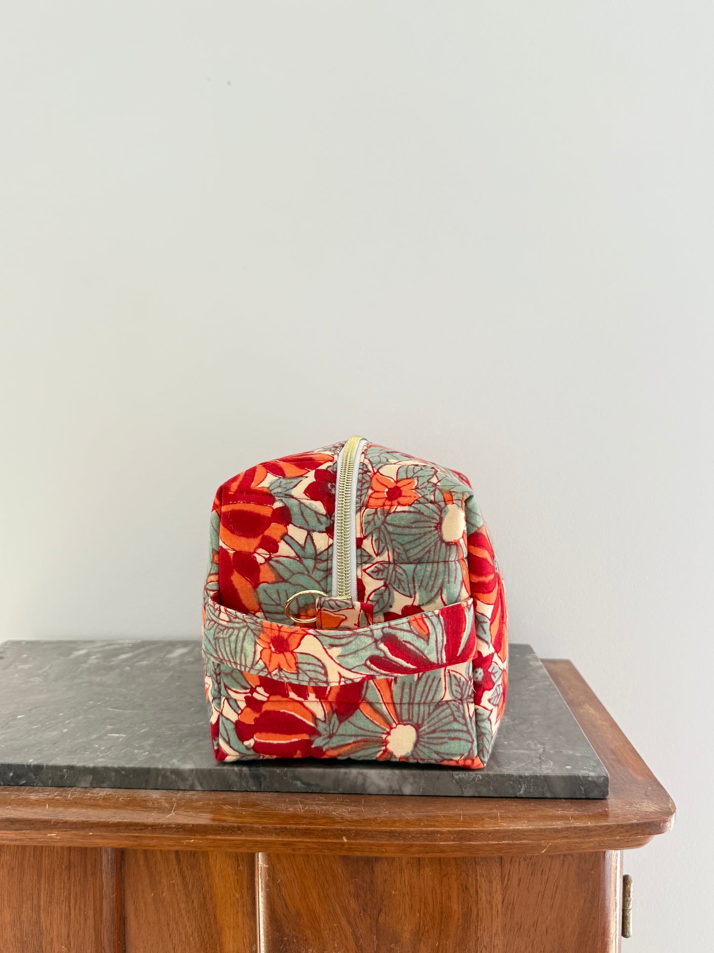 Trousse de toilette fleurie en coton blockprint – Poppy - Fait main en France