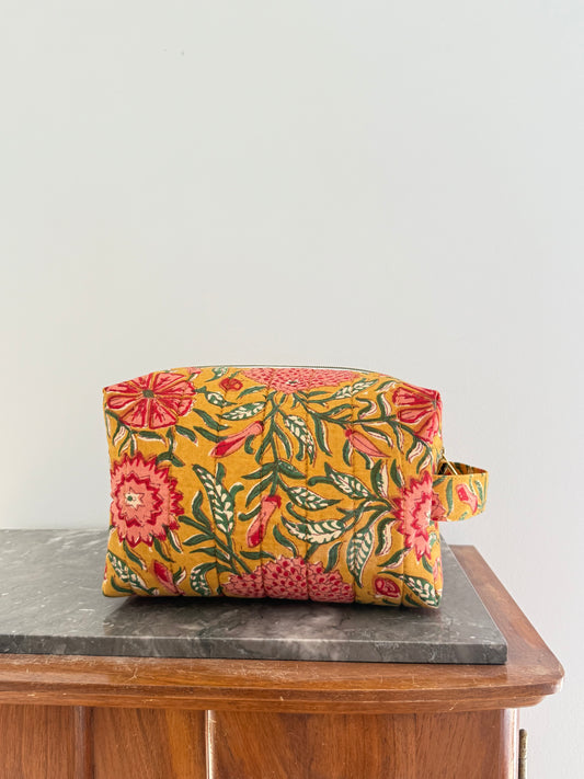 Trousse de toilette fleurie en coton blockprint – Sunset - Fait main en France