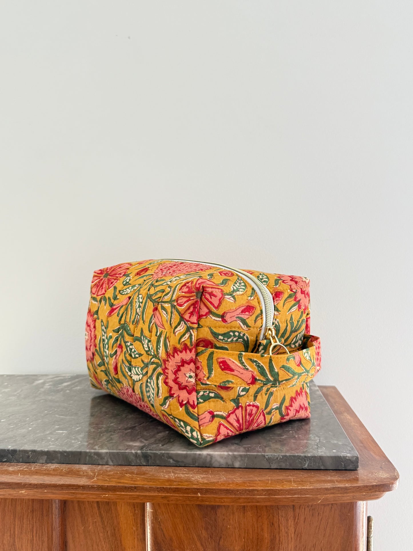 Trousse de toilette fleurie en coton blockprint – Sunset - Fait main en France