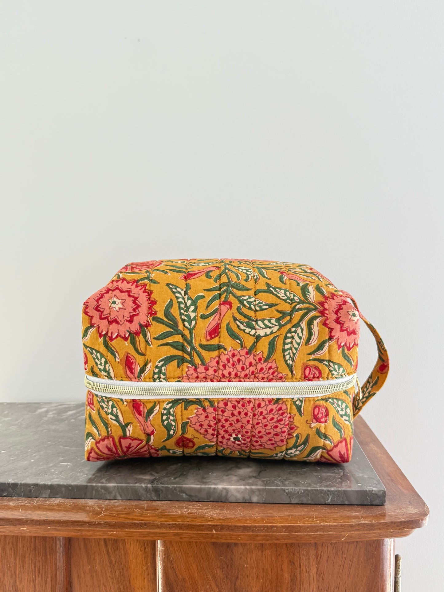 Trousse de toilette fleurie en coton blockprint – Sunset - Fait main en France