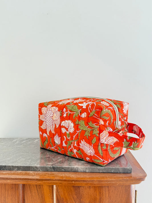 Trousse de toilette fleurie en coton blockprint – Aranciata - Fait main en France