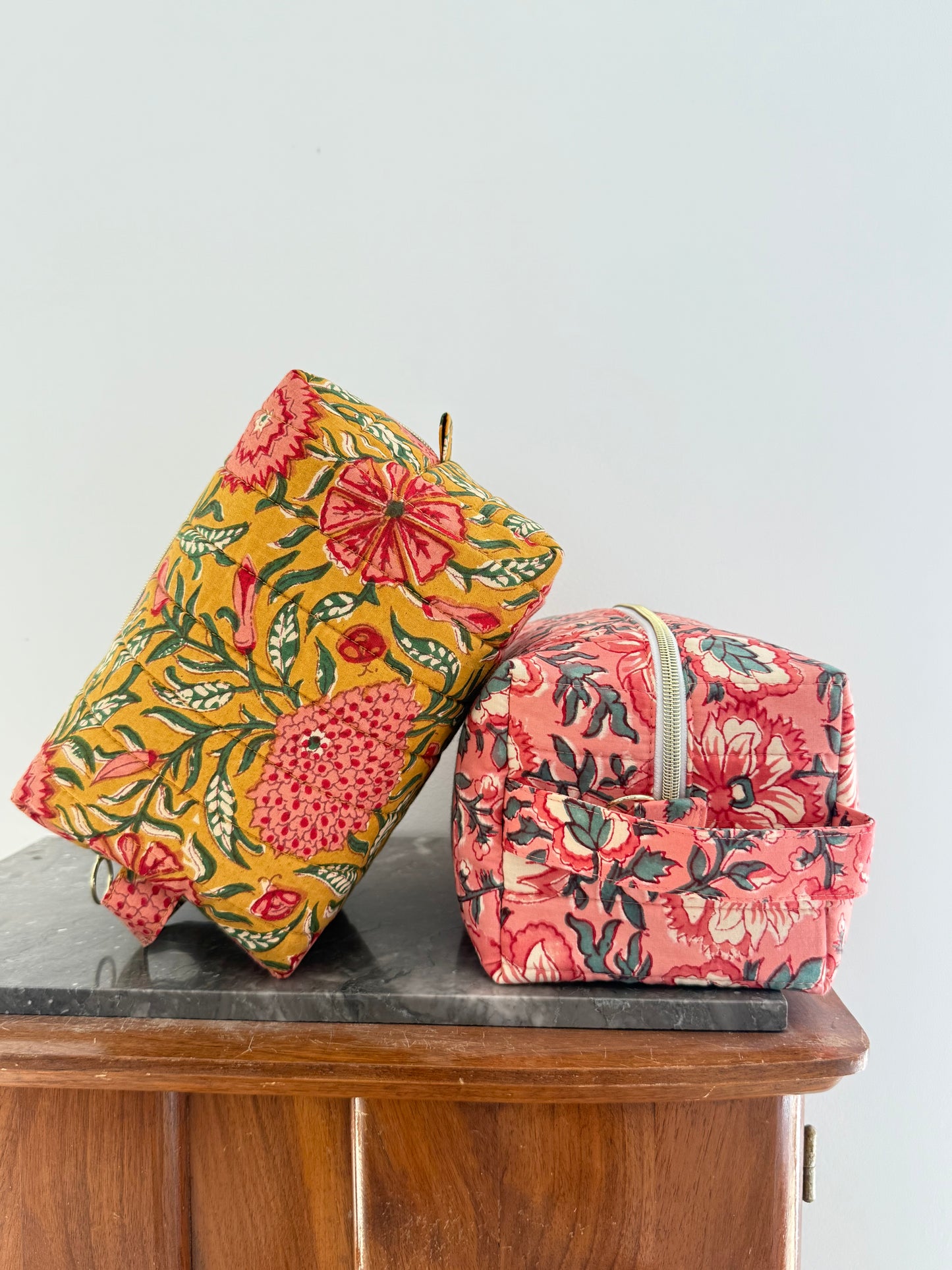 Trousse de toilette fleurie en coton blockprint – Sunset - Fait main en France