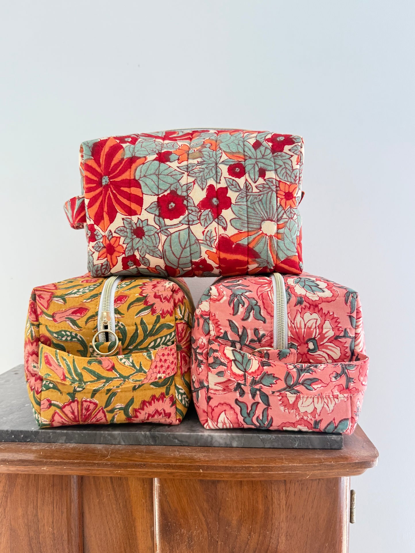 Trousse de toilette fleurie en coton blockprint – Poppy - Fait main en France